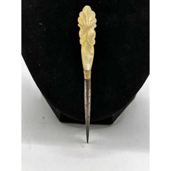 Antique Old 1800s Carved MOP Handled Vanity Tool Piece Hat Pin Stiletto